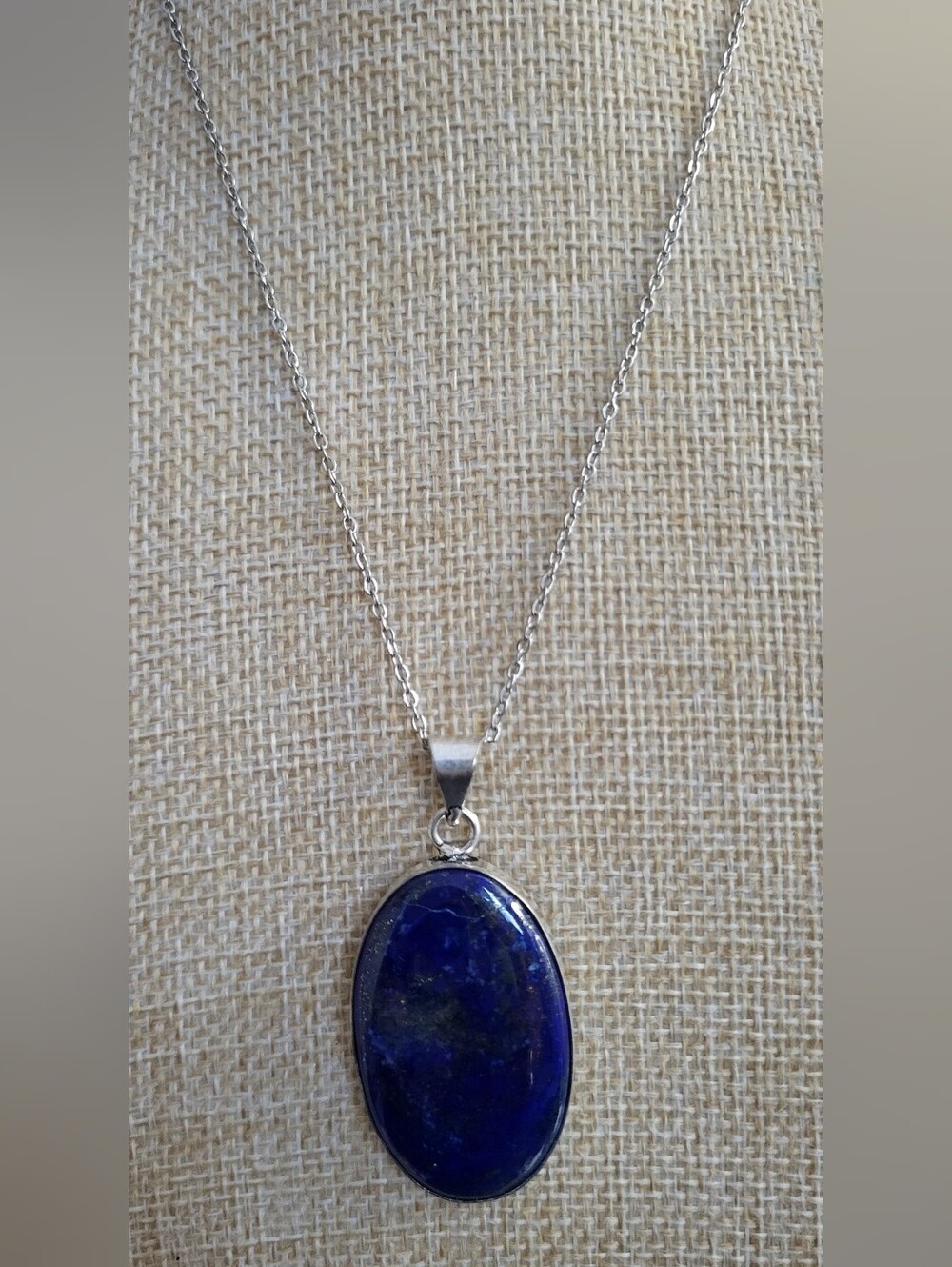 Silver Lapis Lazuli Oval Pendant 925 Silver Overlay Stainless Steel Necklace